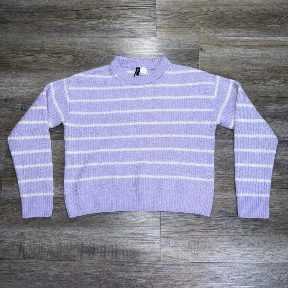 Divided by H&M Purple White Striped Knit Sweater Womens XS Classic Crew Neckline
